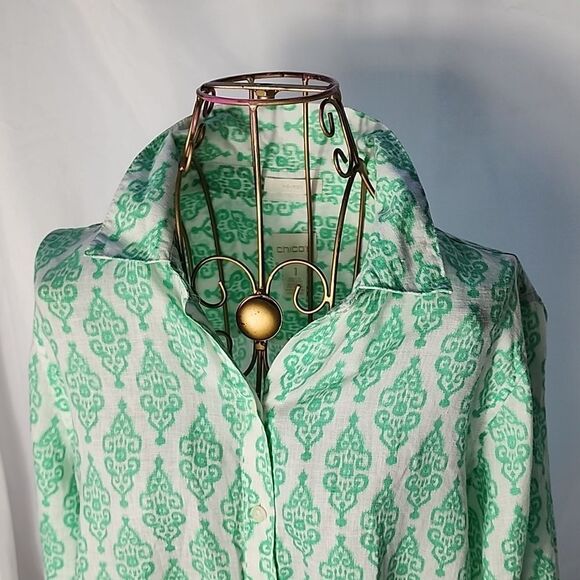 Linen Mint Green & White Summer Button Up Tunic 3/4 Sleeves - Picture 2 of 9